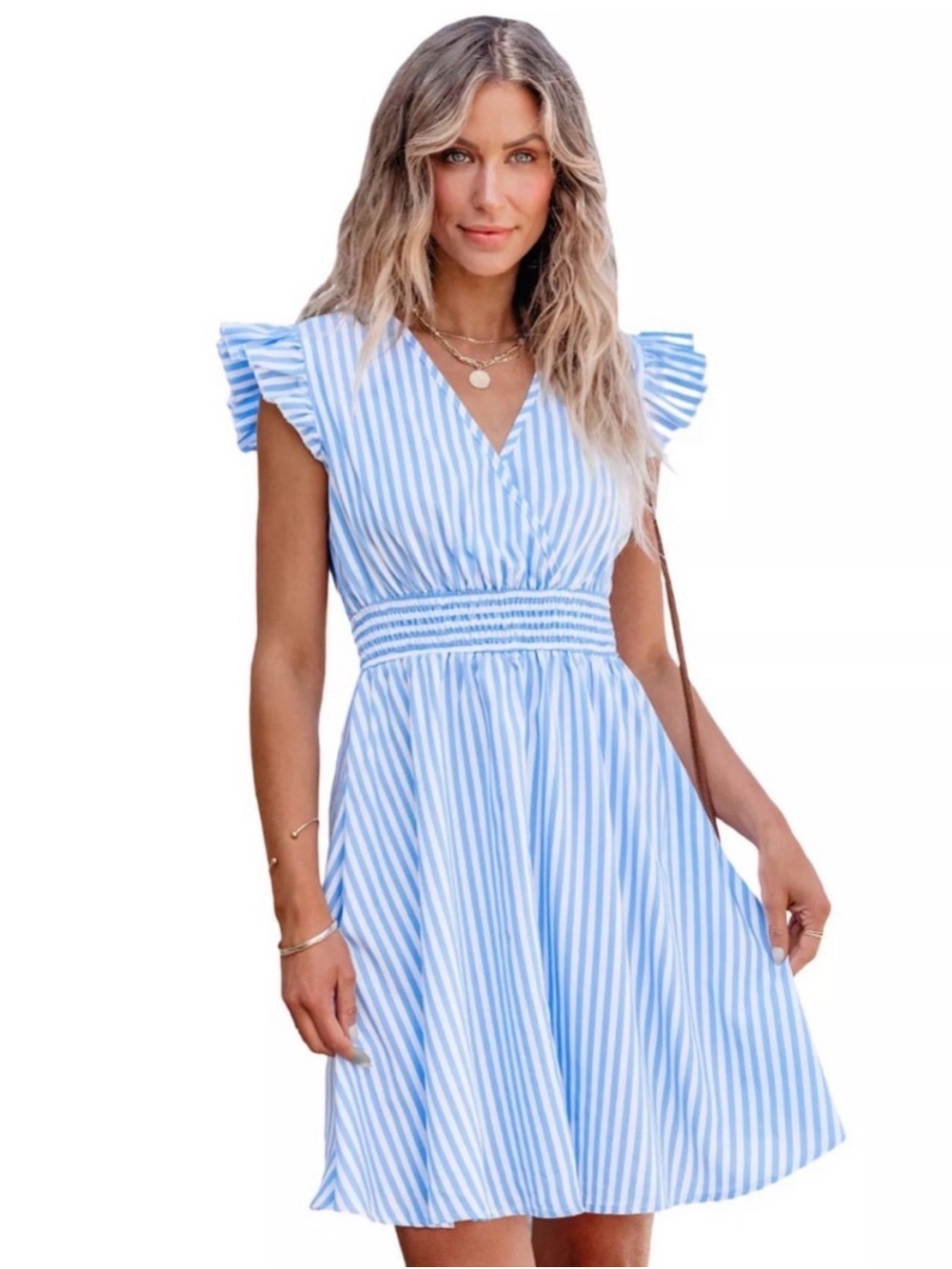 Cupshe NWT Flutter Sleeve Blue Striped V-Neck Smocked Waist Sundress size medium